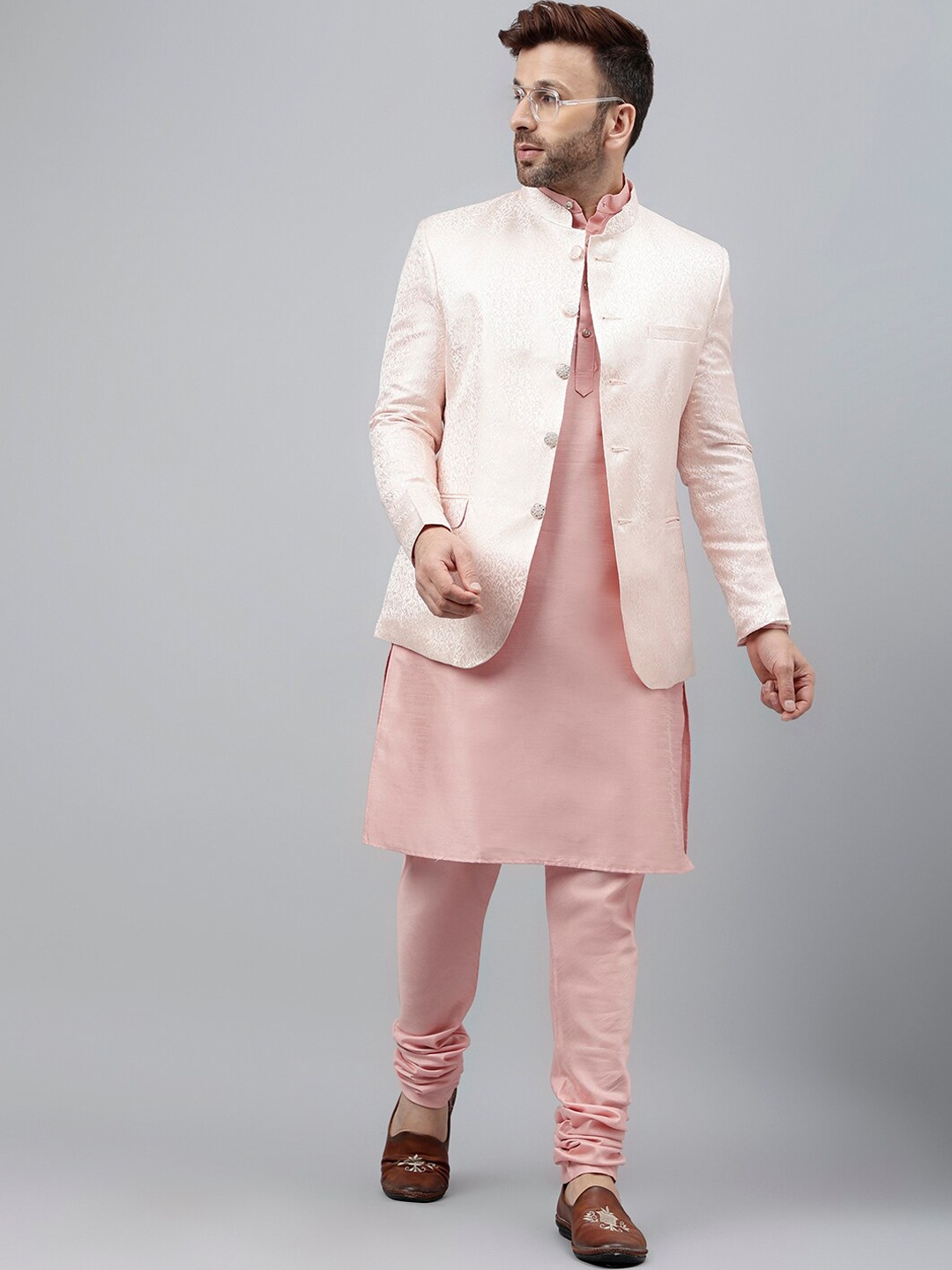

Hangup Band Collar Kurta With Pyjamas & Blazer, Pink