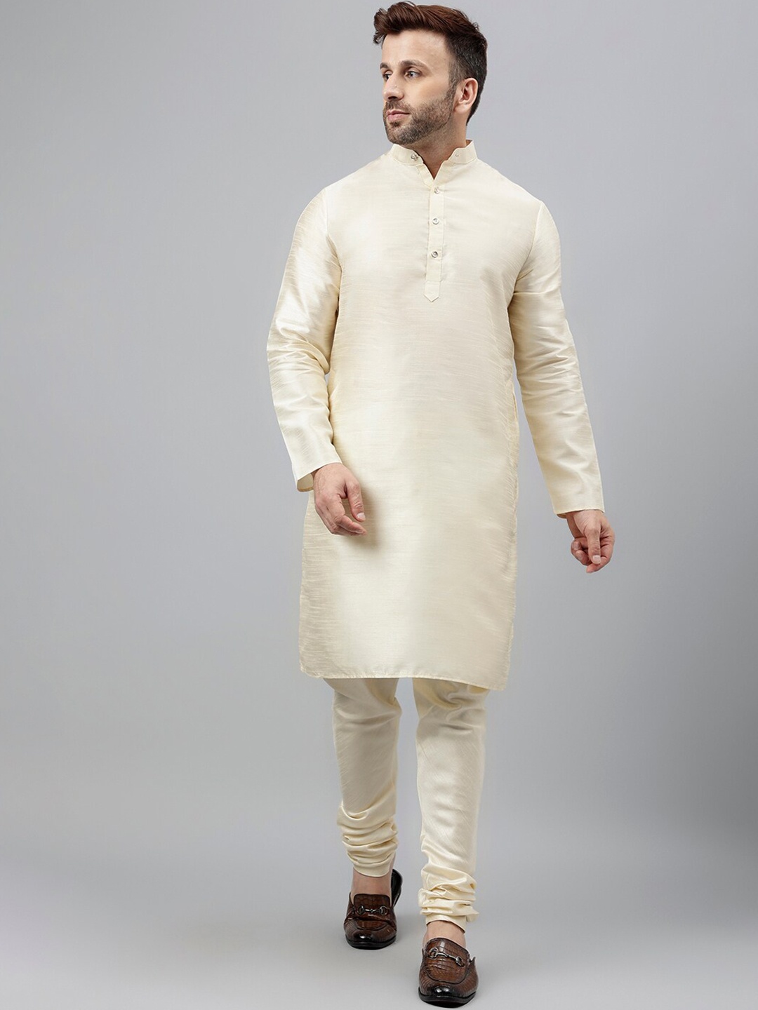 

Hangup Woven Design Mandarin Collar Regular Kurta & Pyjamas, Cream