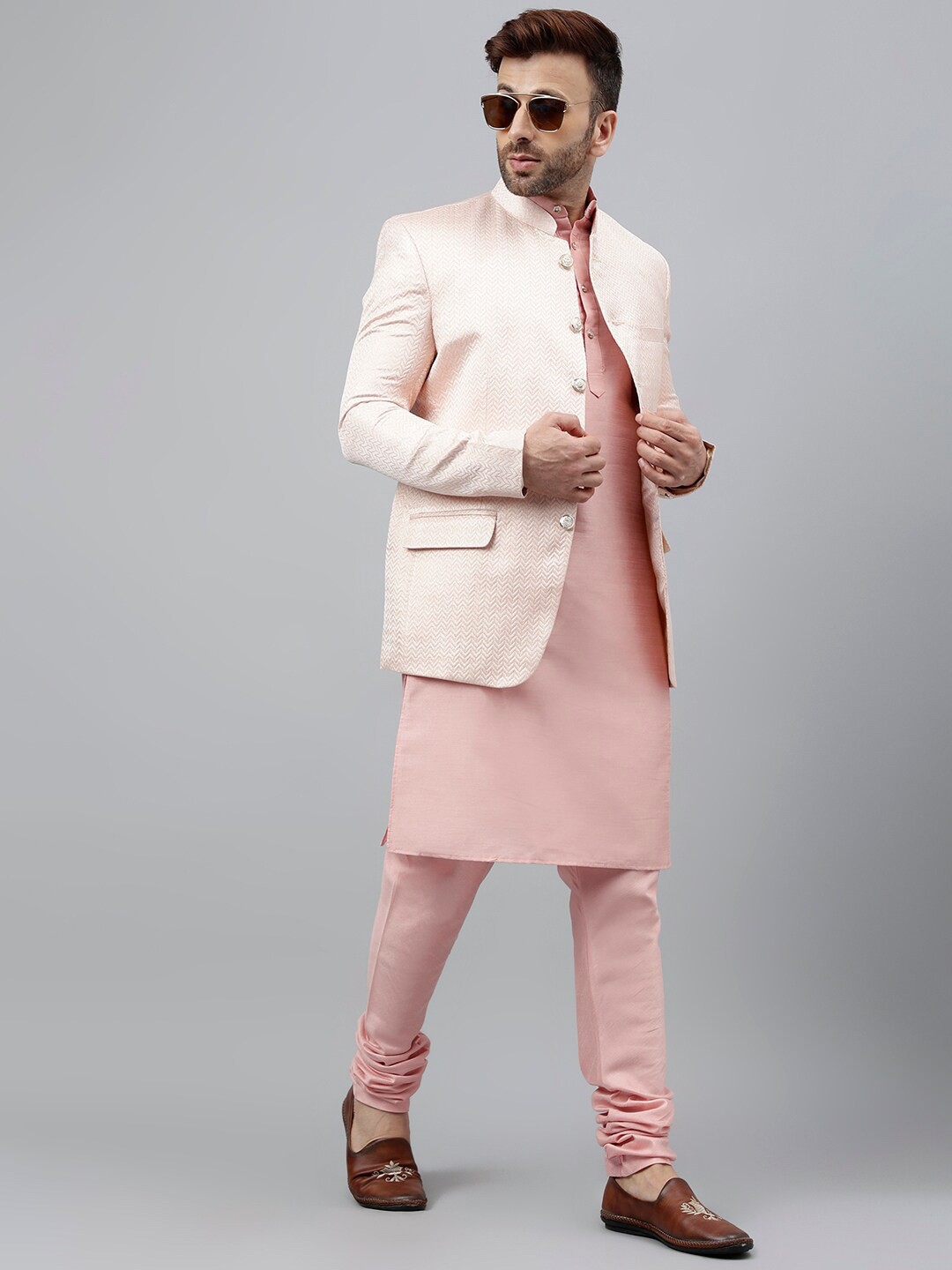 

Hangup Band Collar Kurta With Pyjamas & Blazer, Pink