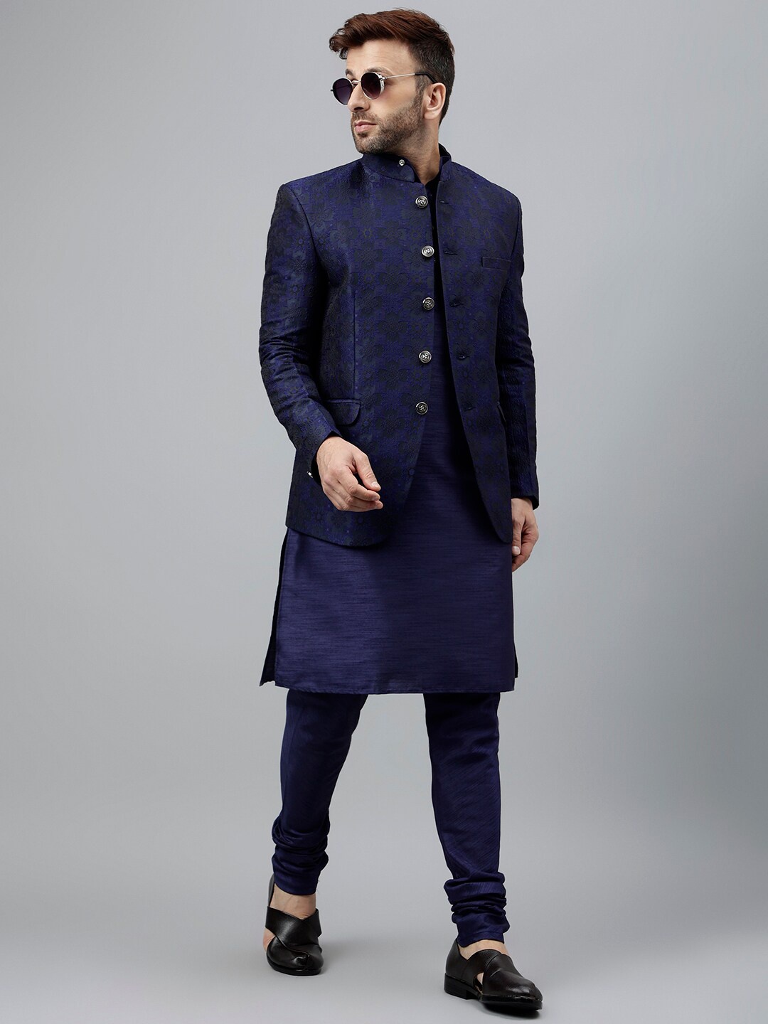 

Hangup Mandarin Collar Regular Kurta & Pyjamas With Jacket, Navy blue