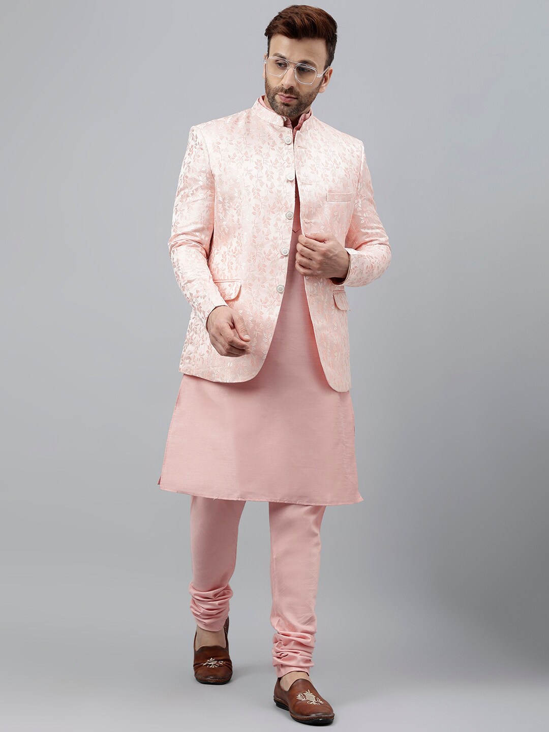 

Hangup Mandarin Collar Regular Kurta & Pyjamas With Jacket, Pink