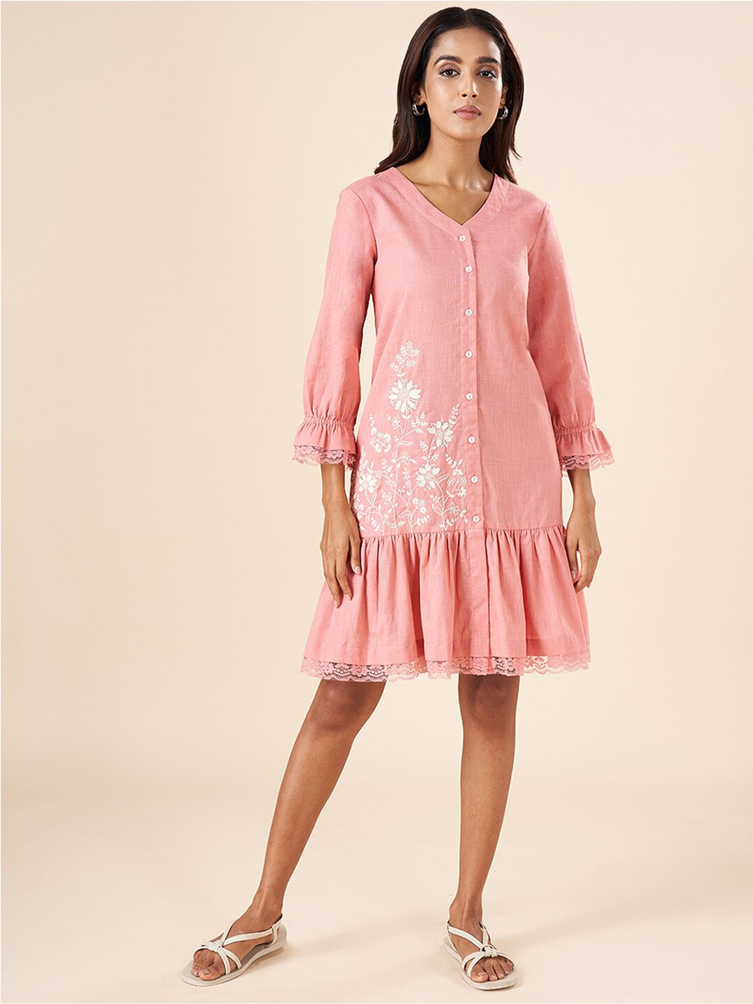 

AKKRITI BY PANTALOONS Floral Embroidered V-Neck Gathered Detailed Cotton A-Line Dress, Pink