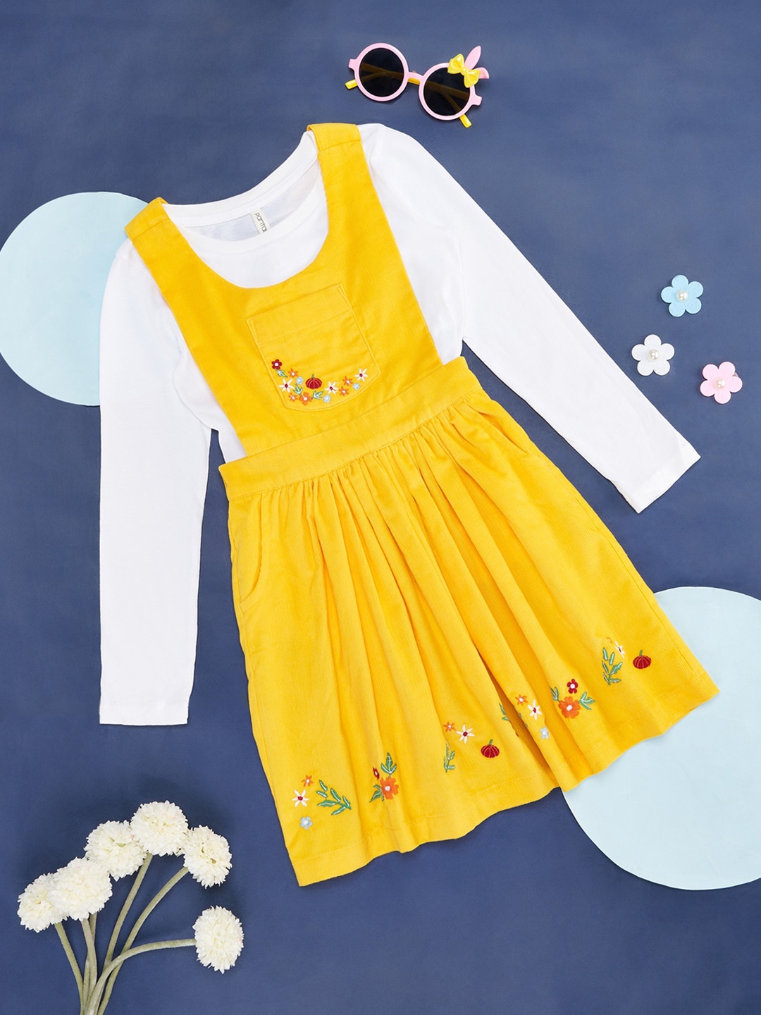

Pantaloons Junior Girls Embroidered Detail Cotton Pinafore Dress With Top, Yellow