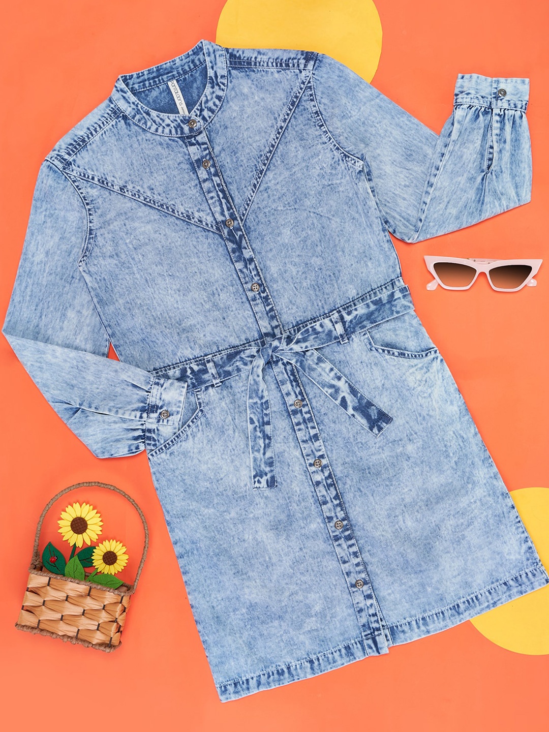 

Pantaloons Junior Girls Band Collar Cuffed Sleeves Cotton Shirt Dress, Blue