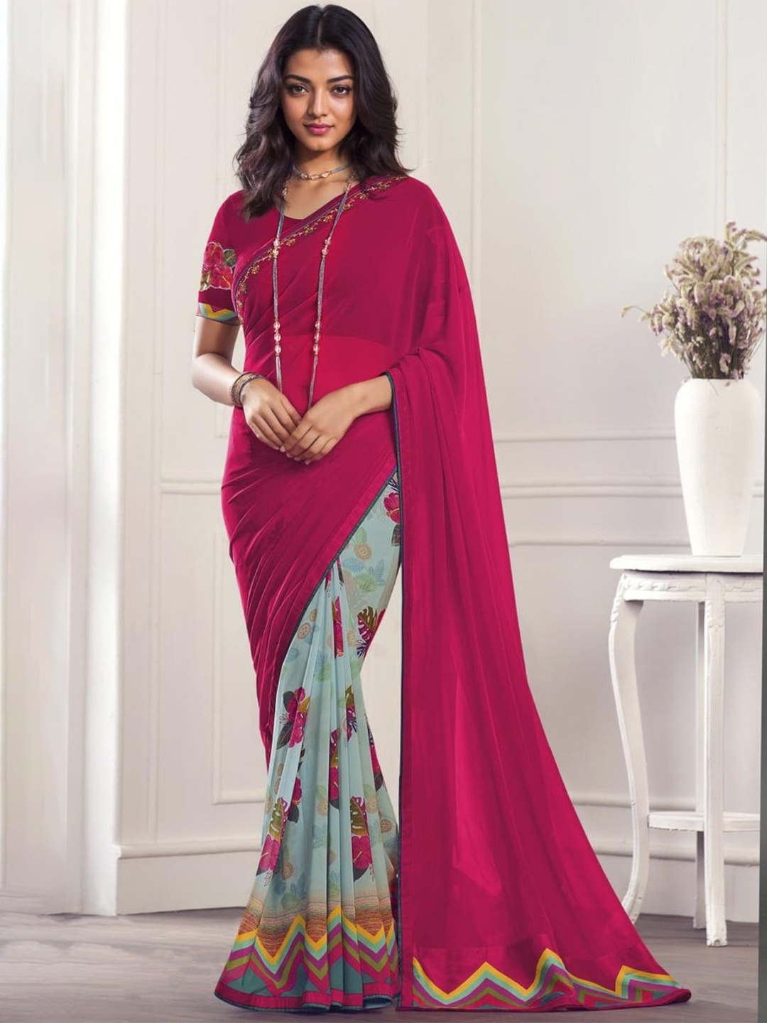 Rangita Floral Printed Half and Half Pure Georgette Saree, Pink