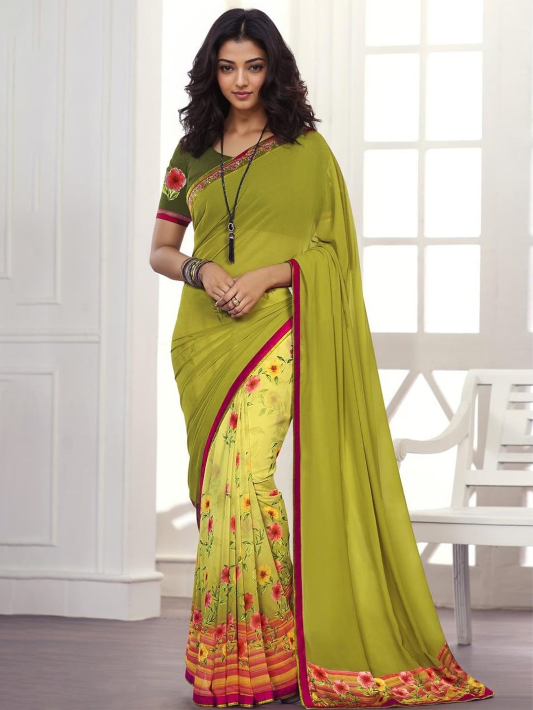 

Rangita Floral Printed Half and Half Pure Georgette Saree, Lime green