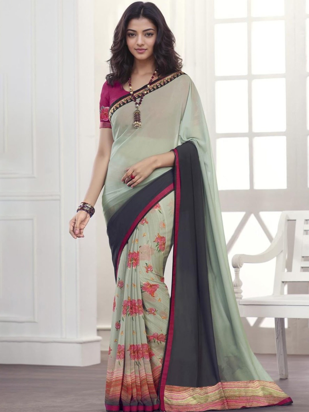 

Rangita Floral Printed Half & Half Pure Georgette Saree, Green