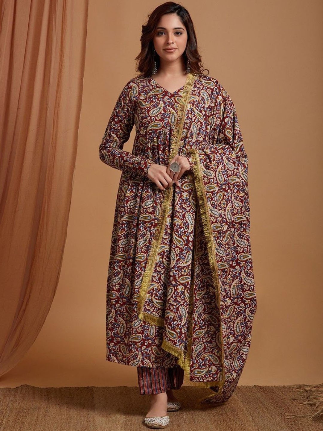 

Collection Rj23 Paisley Printed Anarkali Pure Cotton Kurta With Palazzos & Dupatta, Maroon