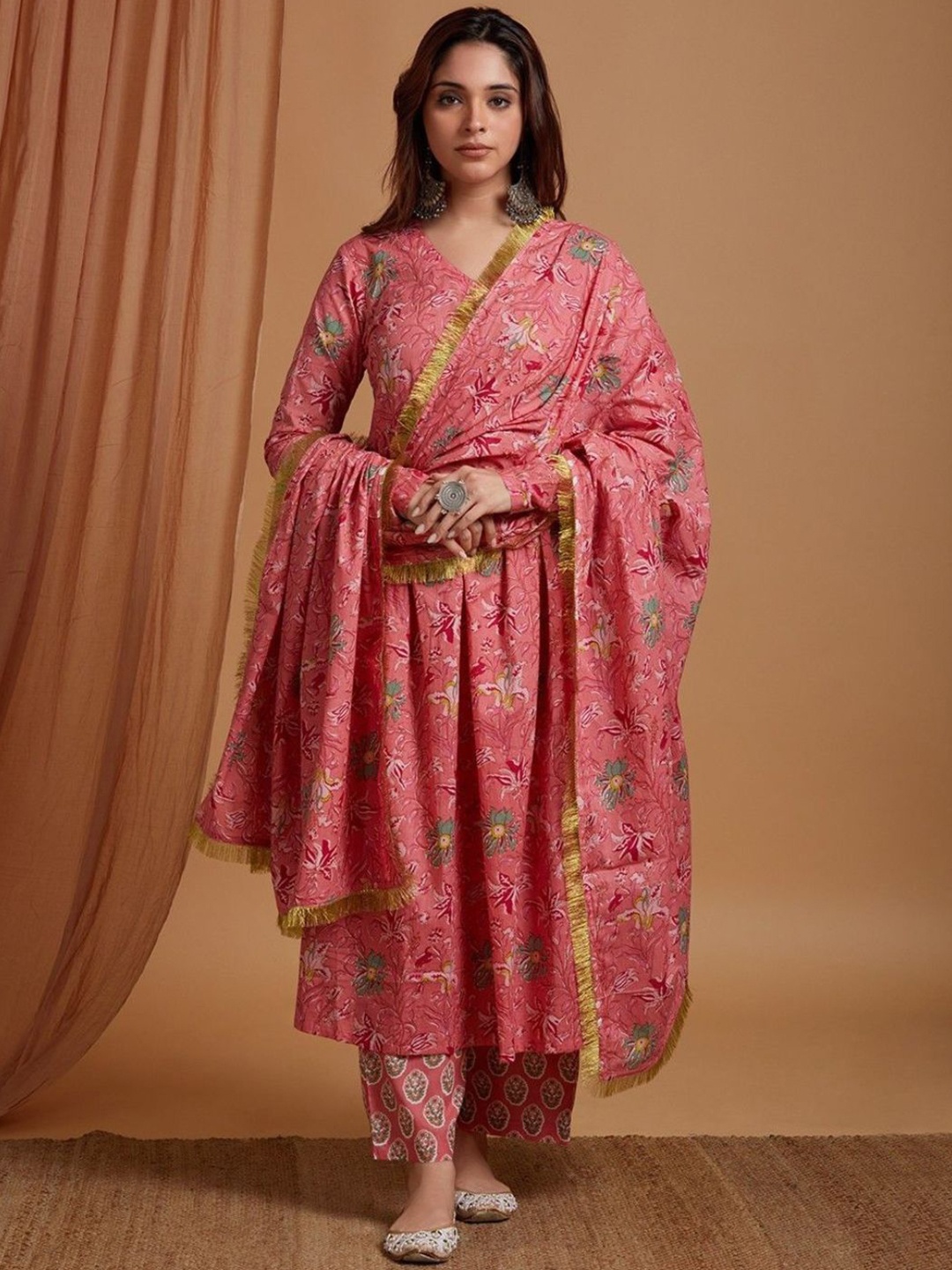 

Karagwals fab Floral Printed Empire Pure Cotton A-Line Kurta With Palazzos & Dupatta, Pink