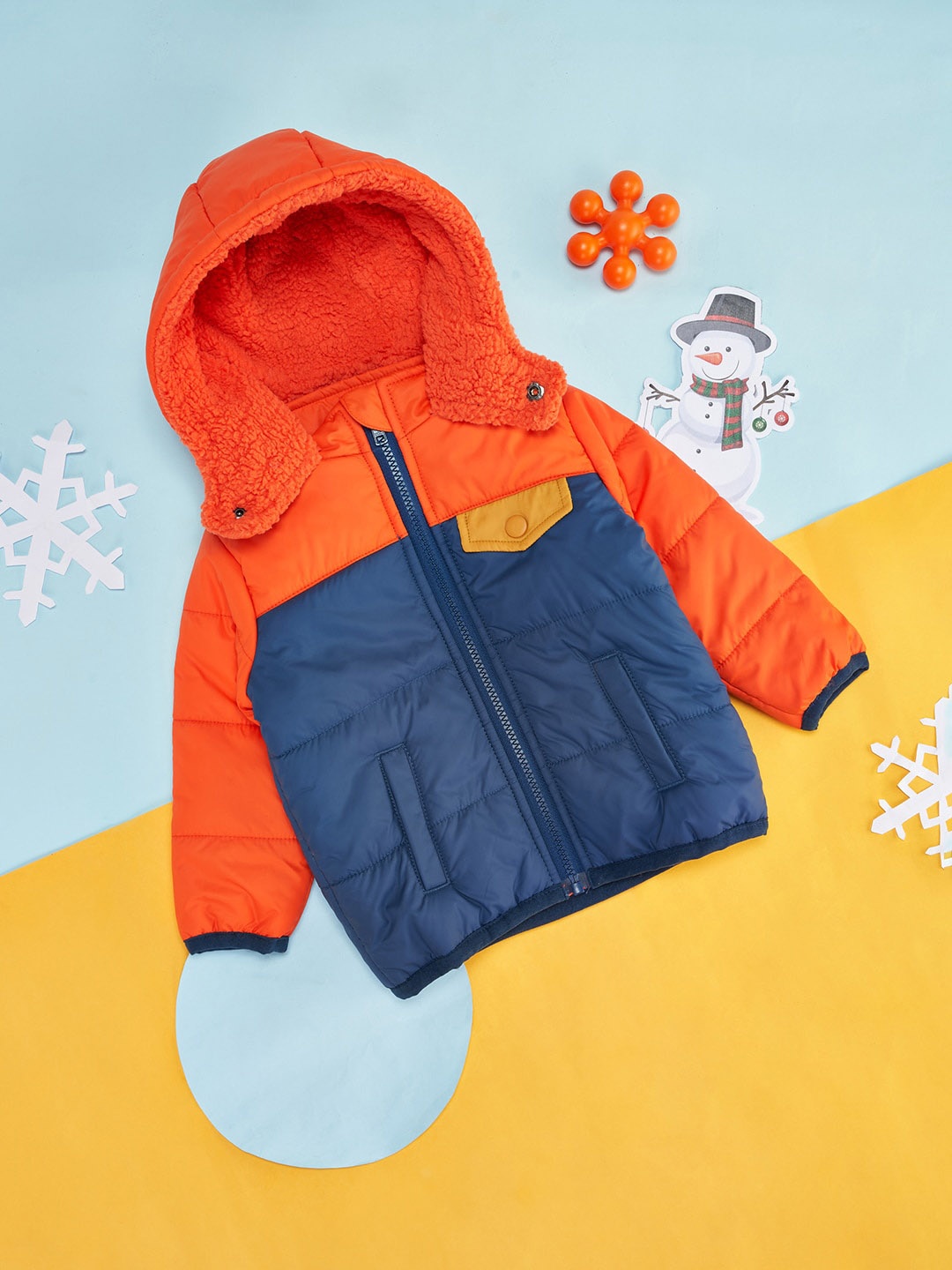 

Pantaloons Baby Boys Colourblocked Hooded Puffer Jacket, Orange