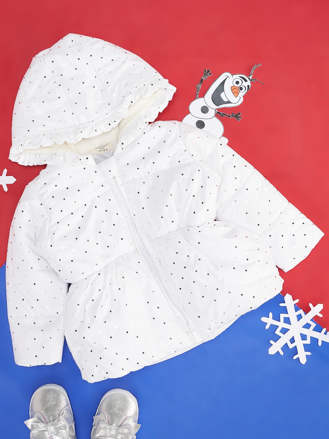 

Pantaloons Baby Girls Polka Dot Printed Hooded Cotton Puffer Jacket, White