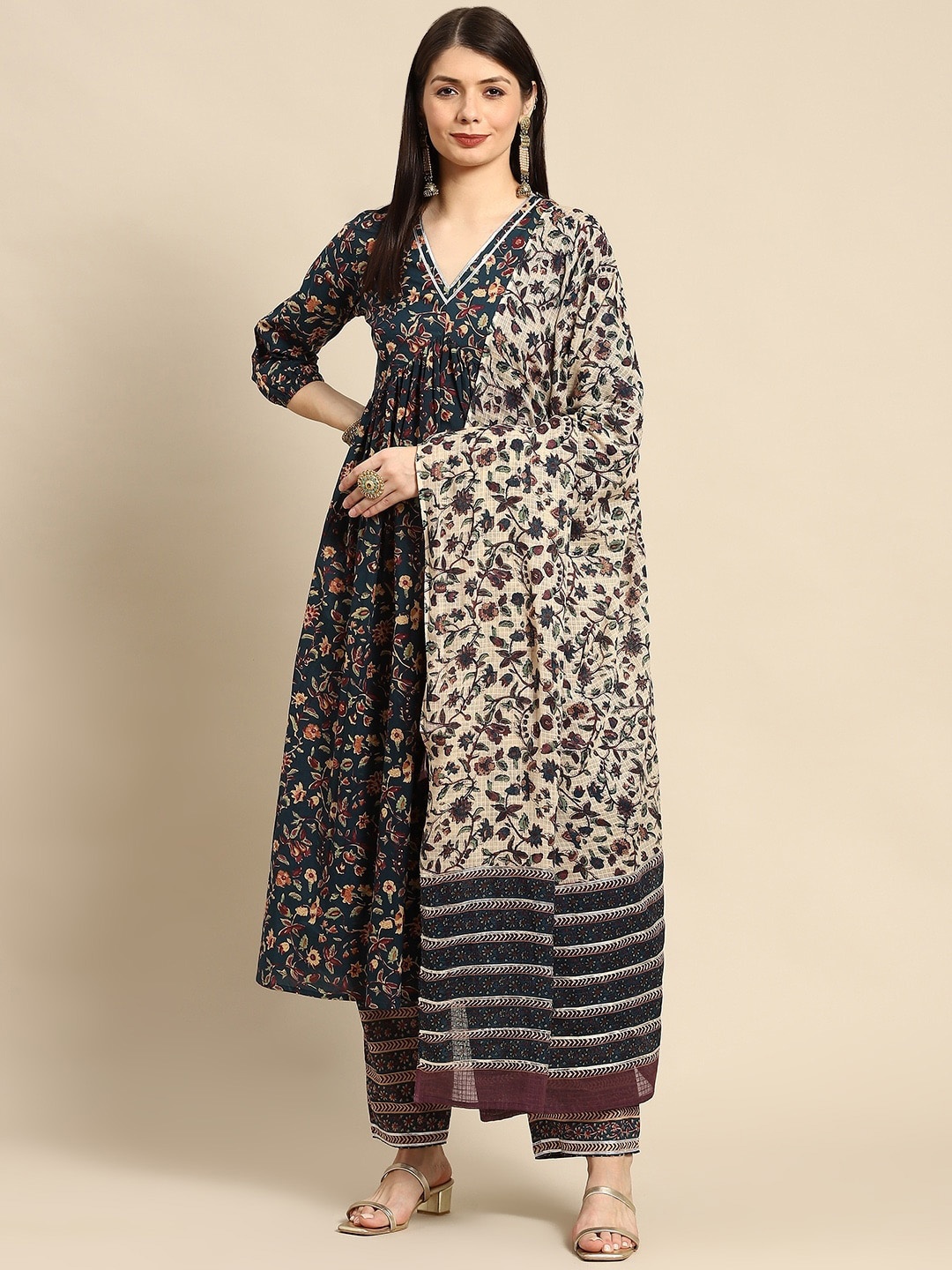 

Karagwals fab Floral Printed Empire Pure Cotton A-Line Kurta With Palazzos & Dupatta, Teal