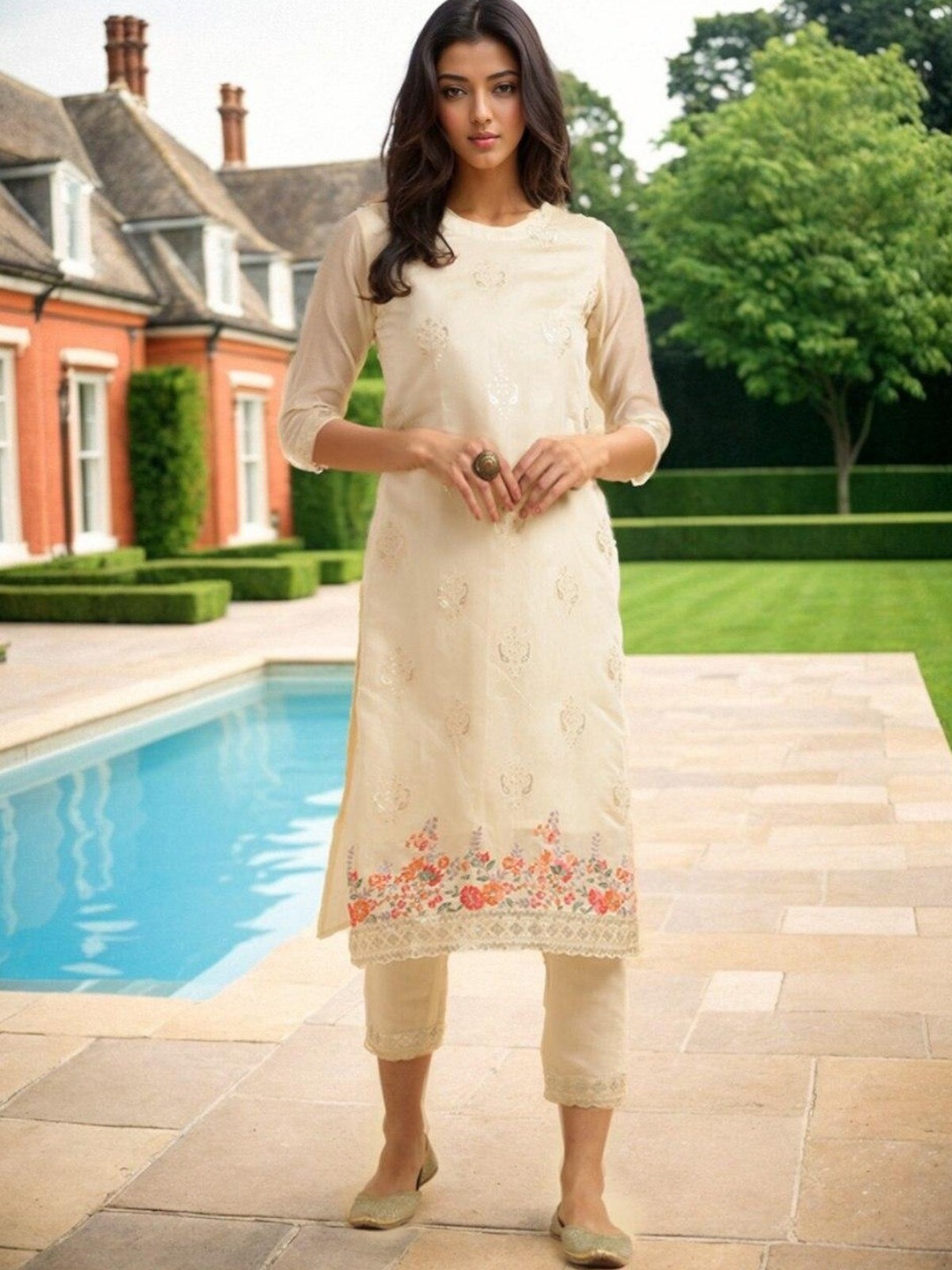 

Rangita Floral Embroidered Regular Thread Work Chanderi Cotton Kurta With Trousers, Off white