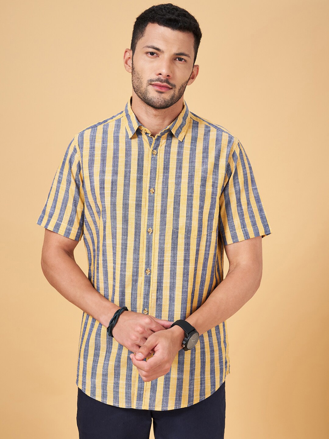 

BYFORD by Pantaloons Vertical Stripes Slim Fit Opaque Pure Cotton Casual Shirt, Yellow