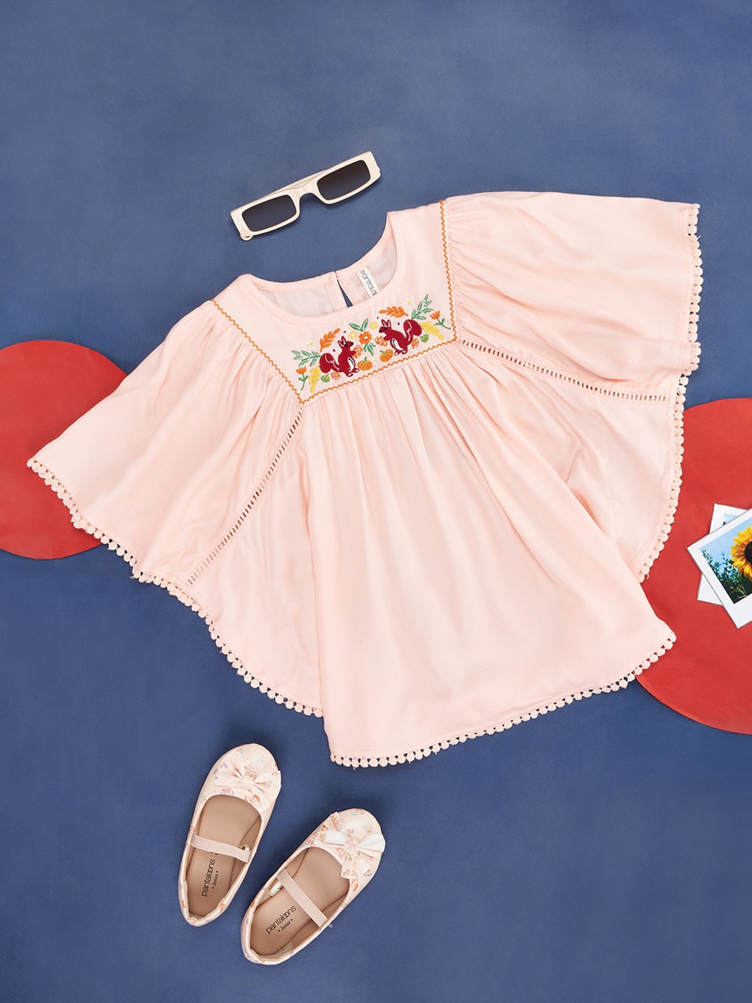 

Pantaloons Junior Girls Conversational Embroidered Flared Sleeves Regular Top, Peach