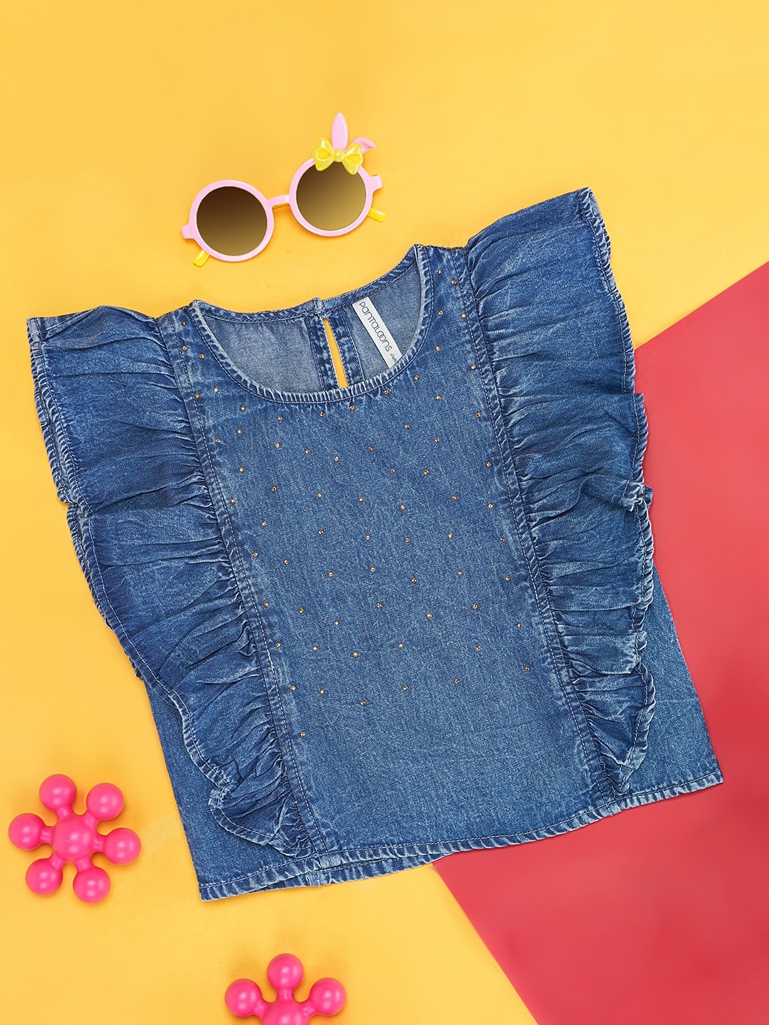 

Pantaloons Junior Girls Ruffled Denim Top, Blue
