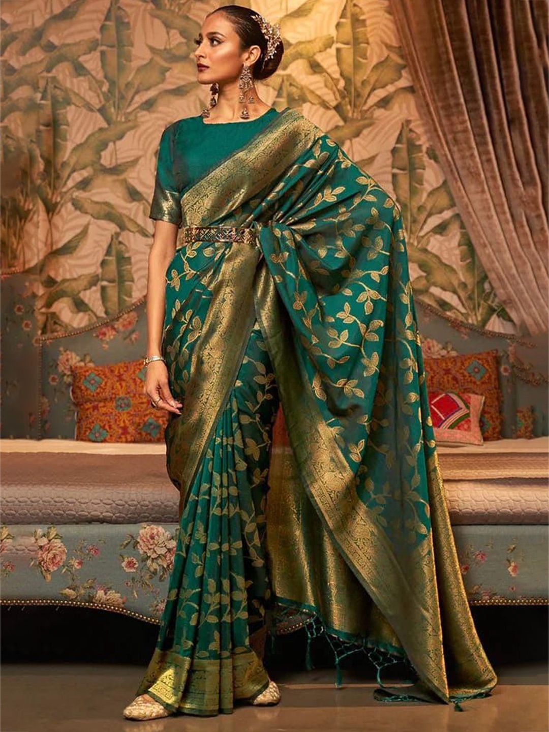 

TIEXA Woven Design Zari Pure Silk Banarasi Saree, Teal