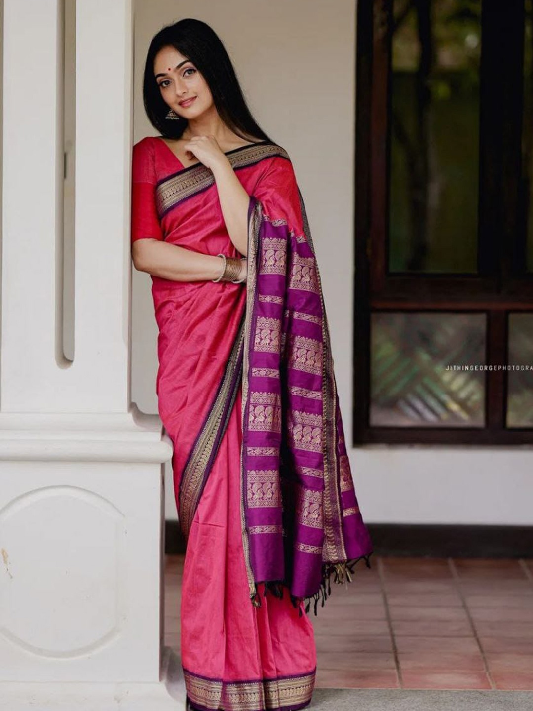 

TIEXA Zari Pure Silk Banarasi Saree, Pink