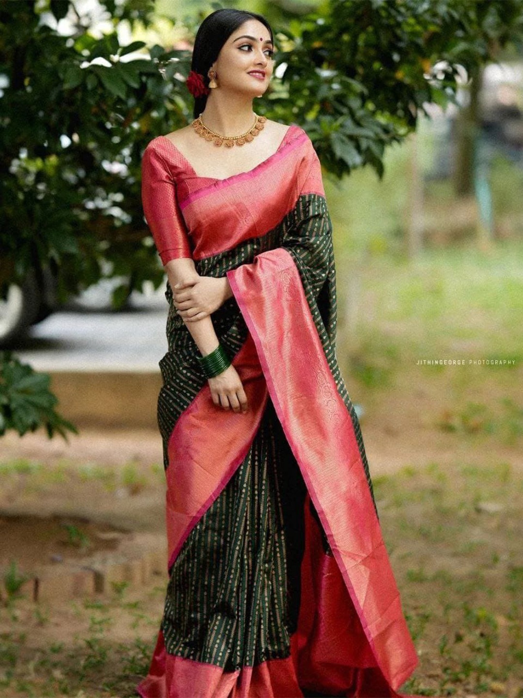 

TIEXA Woven Design Zari Pure Silk Banarasi Saree, Olive