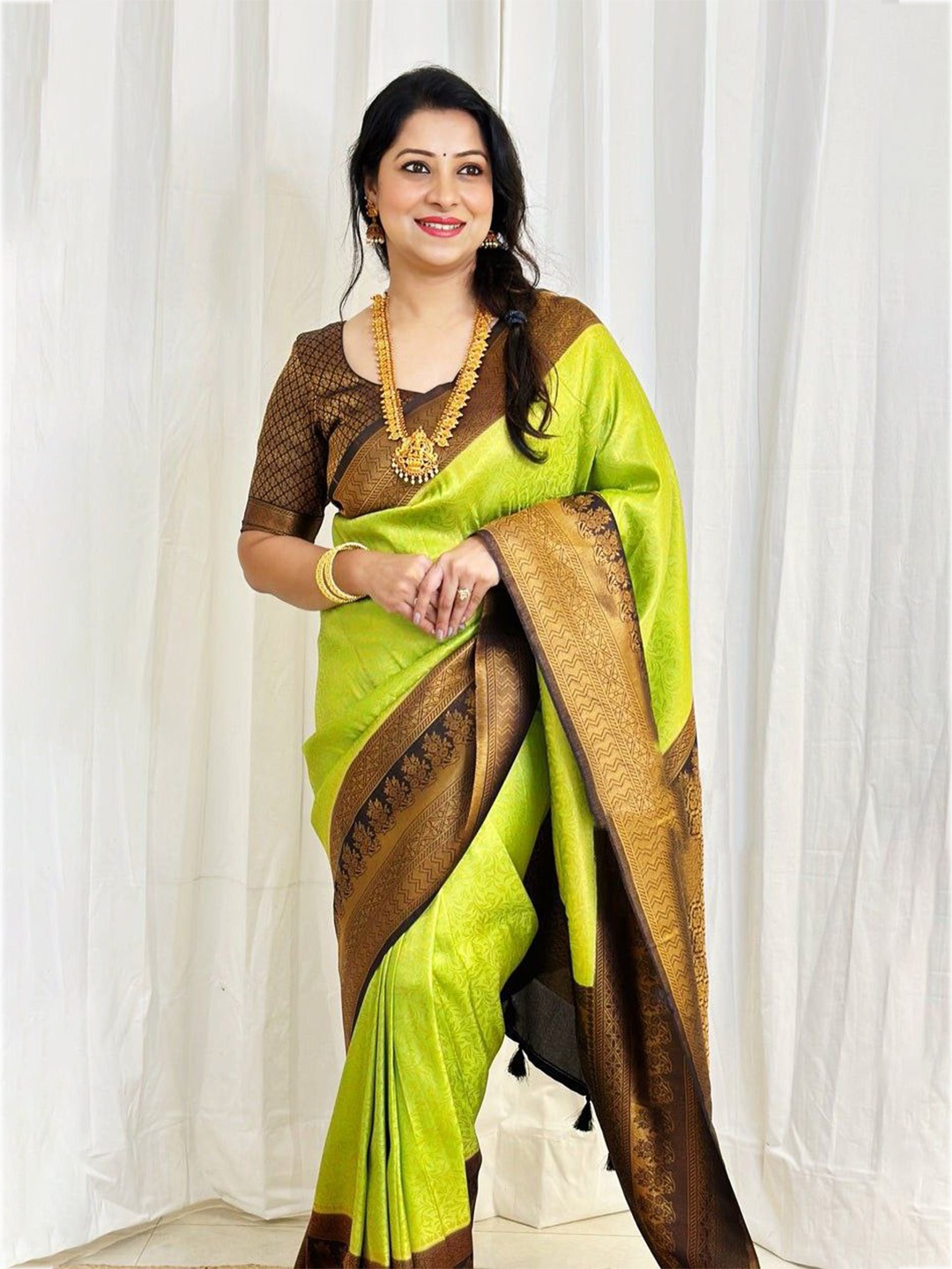 

TIEXA Woven Design Zari Pure Silk Banarasi Saree, Fluorescent green