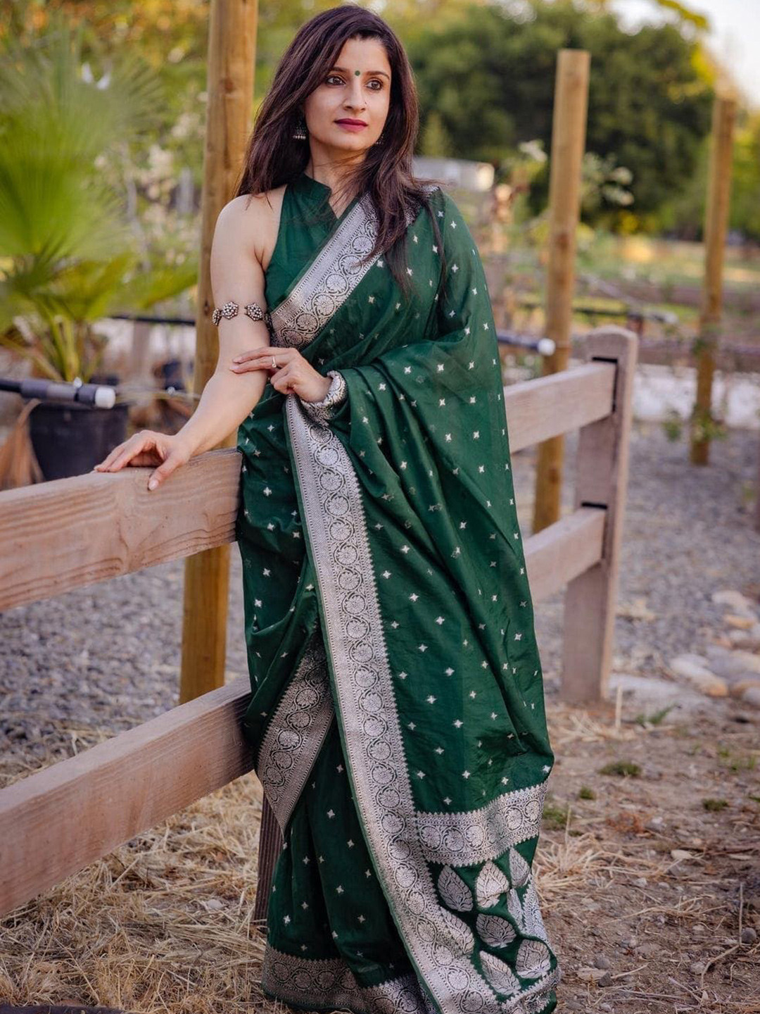 

TIEXA Ethnic Motif Woven Design Zari Pure Silk Banarasi Saree, Olive