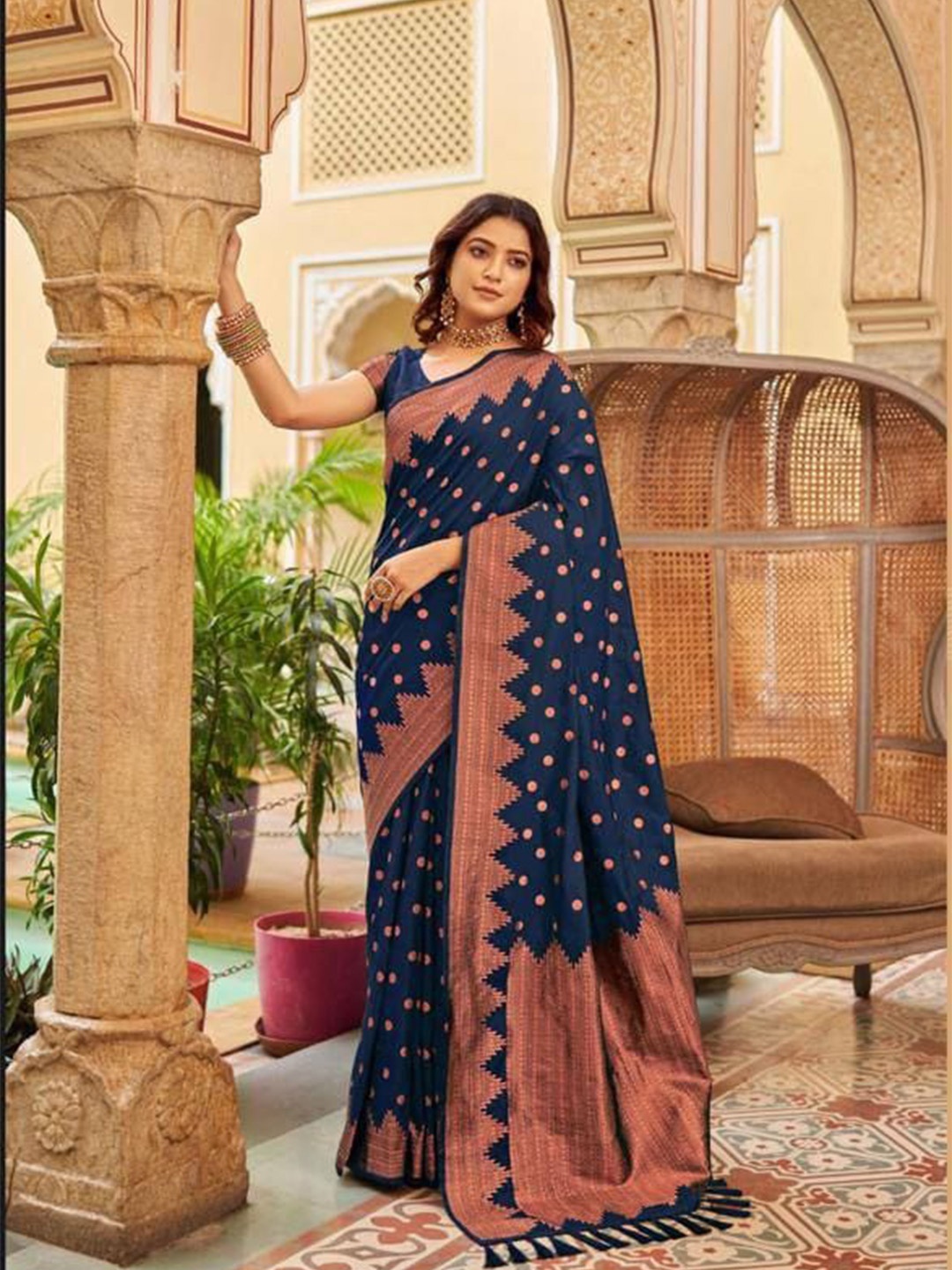 

TIEXA Blue Polka Dots Woven Design Zari Pure Silk Banarasi Saree