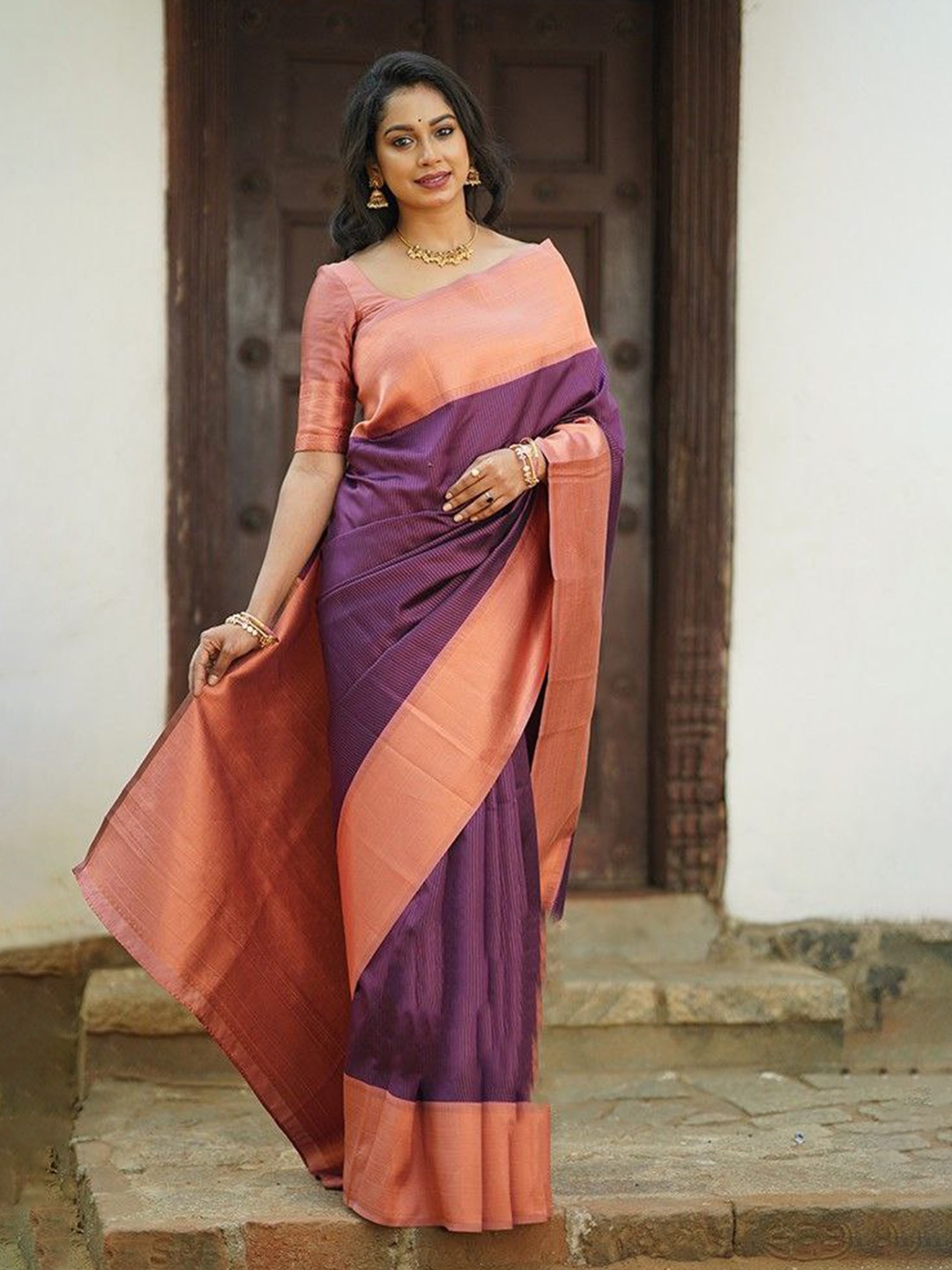 

TIEXA Purple & Pink Woven Design Zari Pure Silk Banarasi Saree