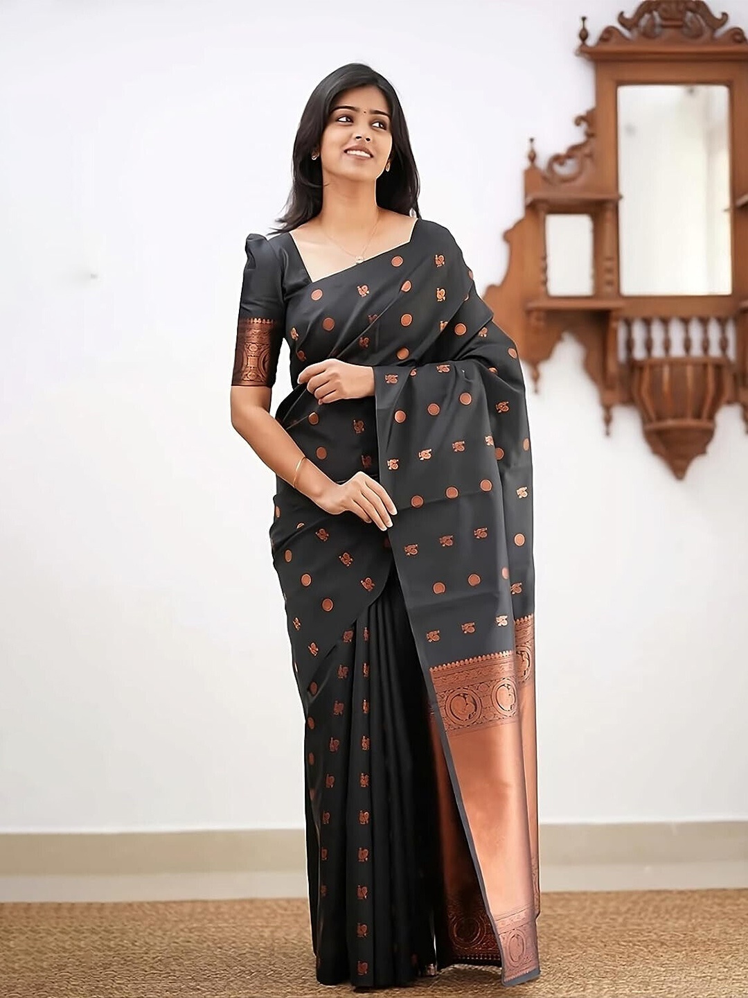 

TIEXA Ethnic Motif Woven Design Zari Pure Silk Banarasi Saree, Black