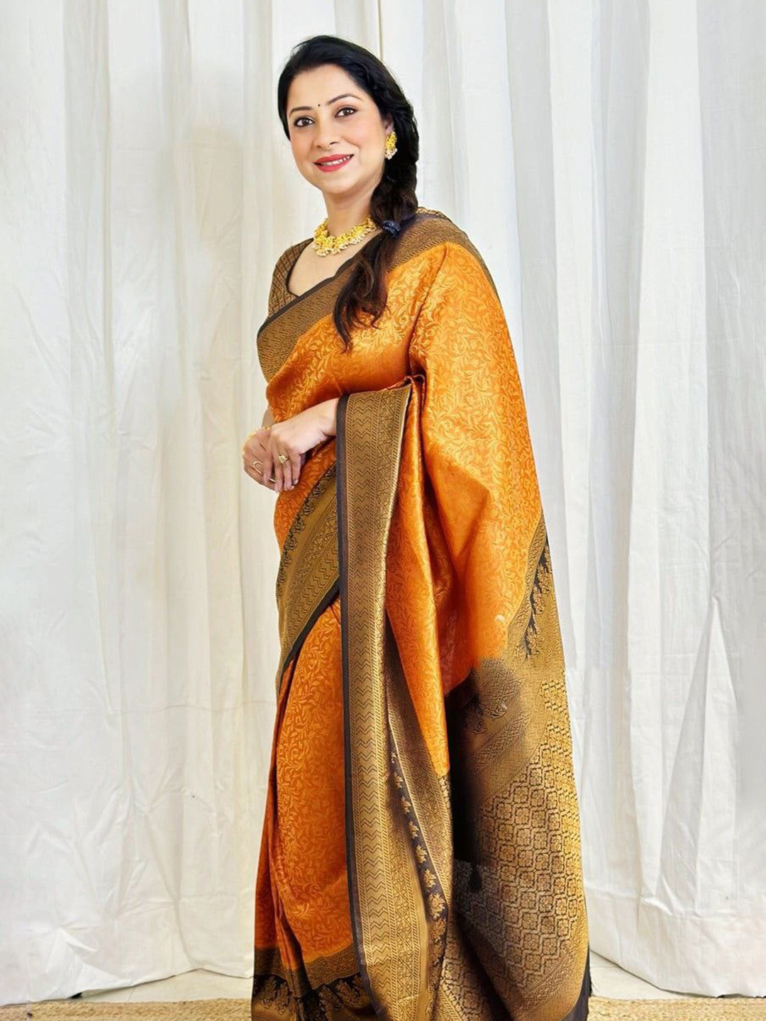 

TIEXA Ethnic Motif Woven Design Zari Pure Silk Banarasi Saree, Orange