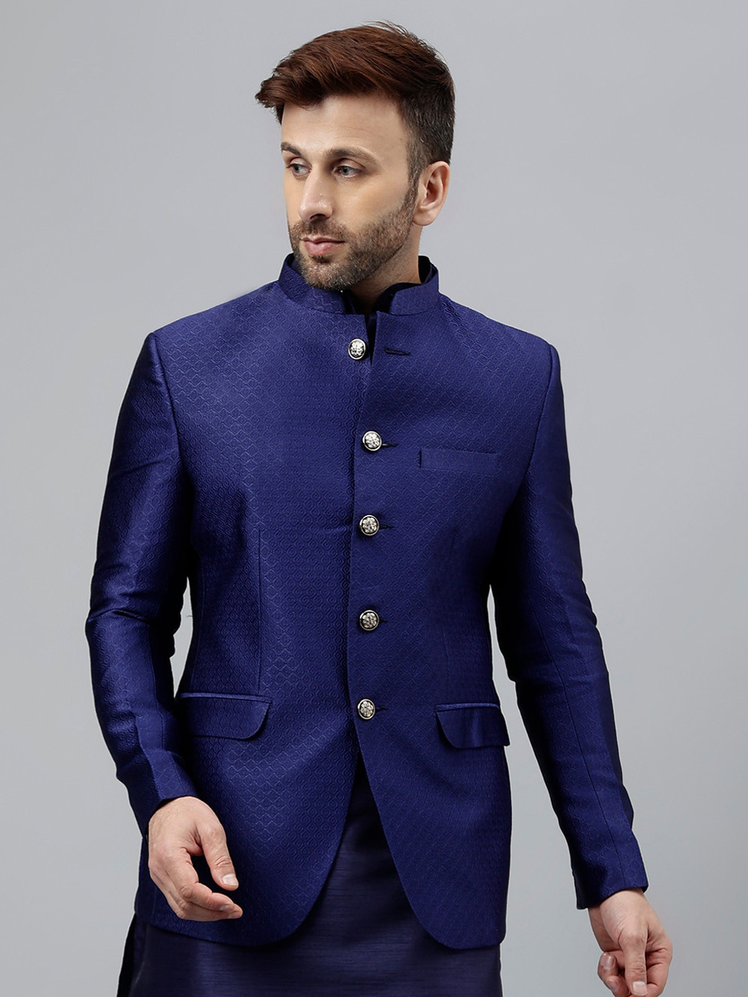 

Hangup Self Design Bandhgala Blazer, Navy blue