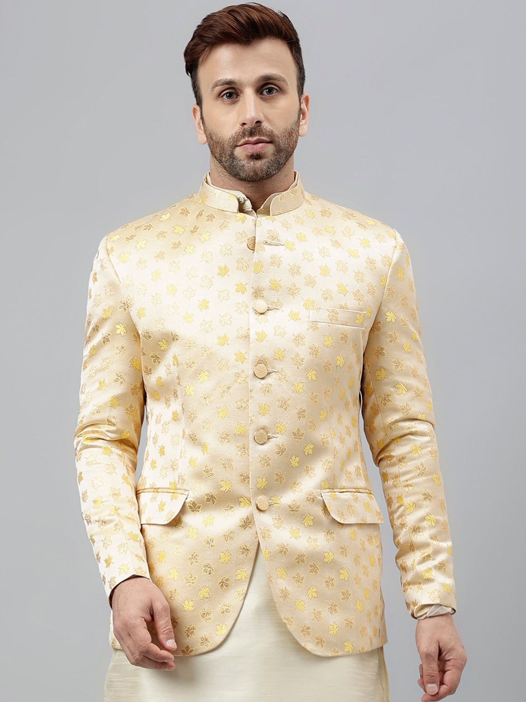 

Hangup Printed Mandarin Collar Jacquard Bandhgala Ethnic Blazers, Cream