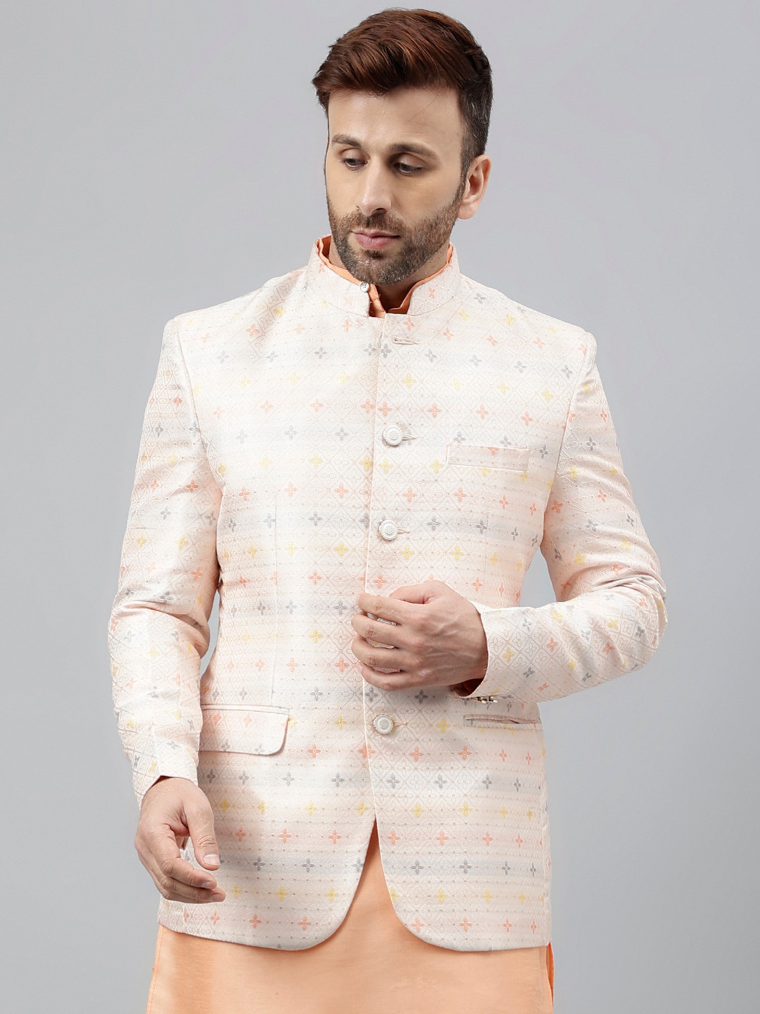 

Hangup Printed Bandhgala Jacquard Ethnic Blazers, Peach