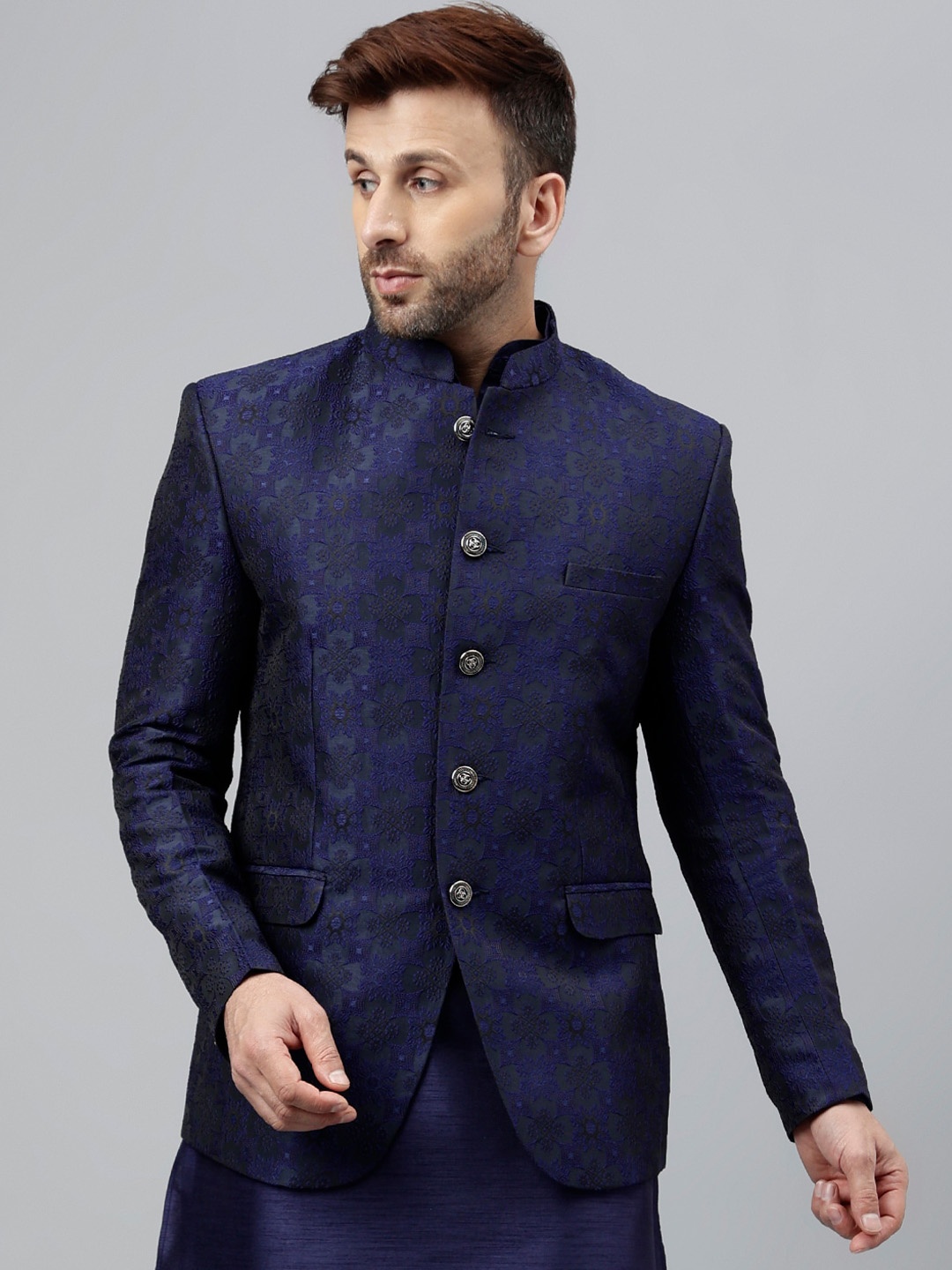 

Hangup Printed Bandhgala Jacquard Ethnic Blazers, Navy blue
