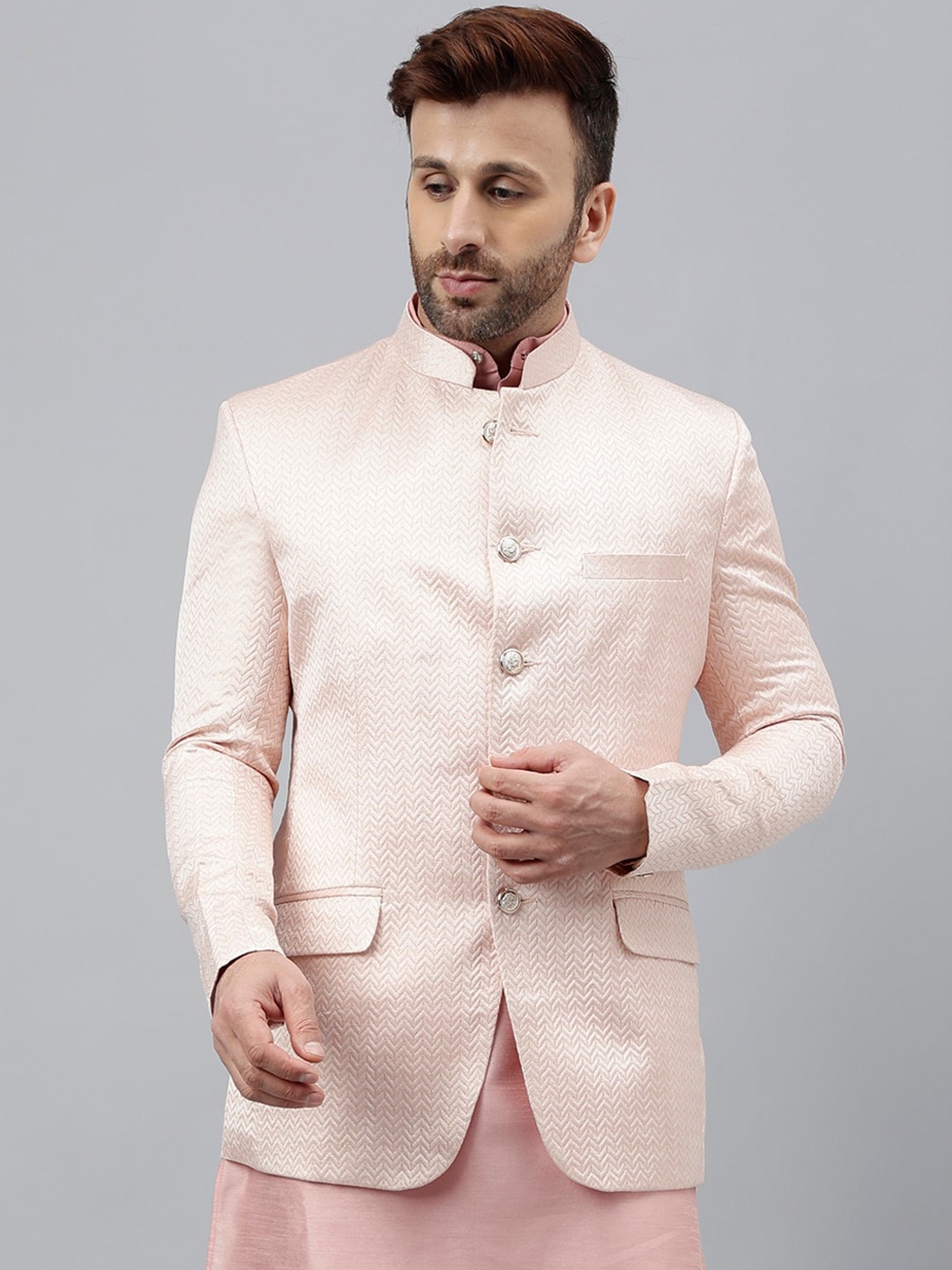 

Hangup Printed Bandhgala Jacquard Ethnic Blazers, Pink