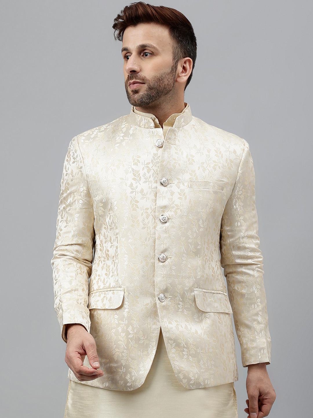 

Hangup Self Design Bandhgala Blazers, Cream
