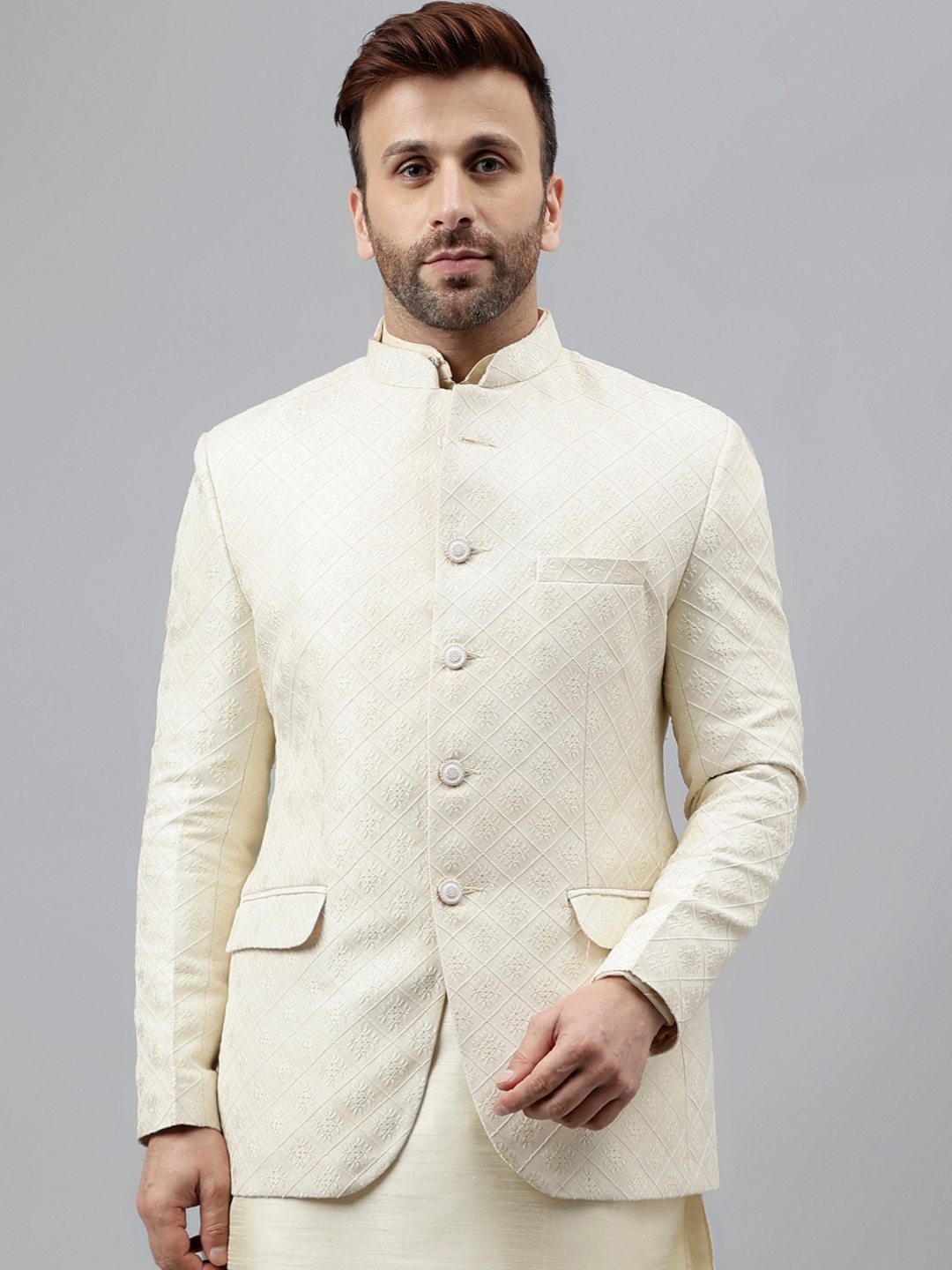 

Hangup Self Design Bandhgala Blazers, Cream