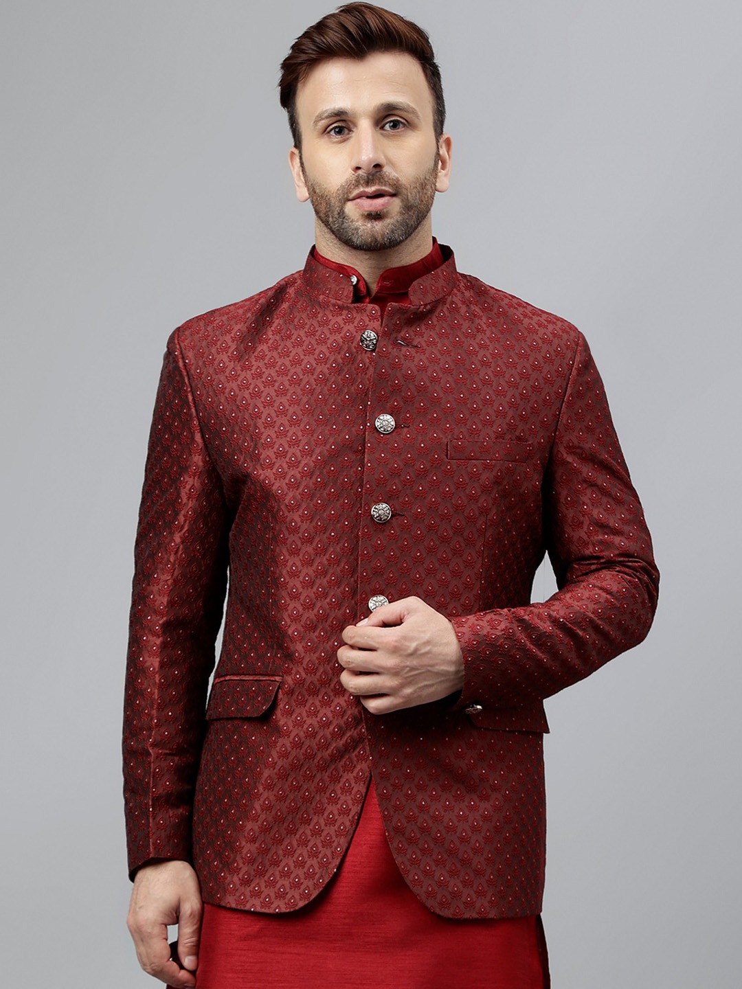 

Hangup Self Design Mandarin Collar Bandhgala Ethnic Blazers, Maroon