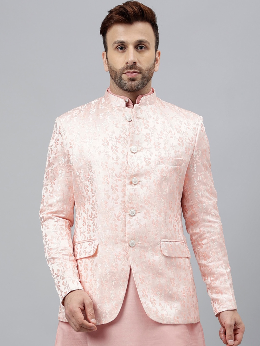 

Hangup Self Design Mandarin Collar Bandhgala Ethnic Blazers, Pink