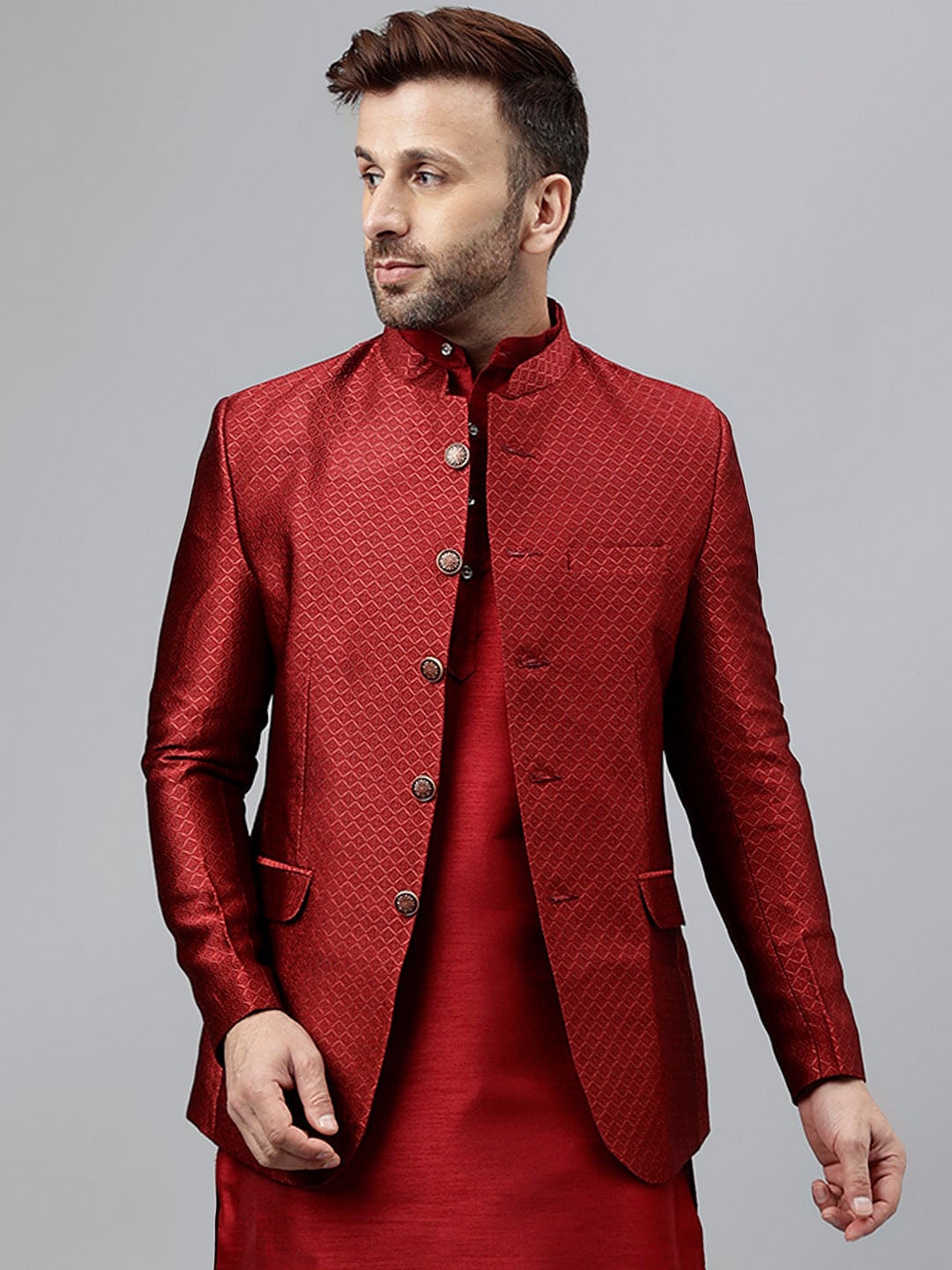 

Hangup Self Design Mandarin Collar Bandhgala Ethnic Blazers, Maroon