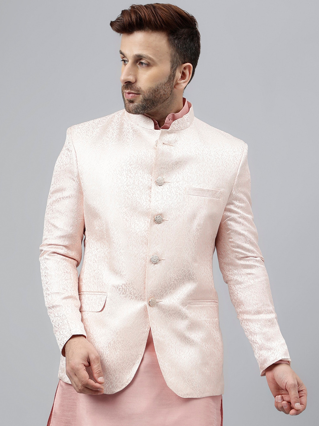 

Hangup Men Printed Bandhgala Ethnic Blazer, Pink