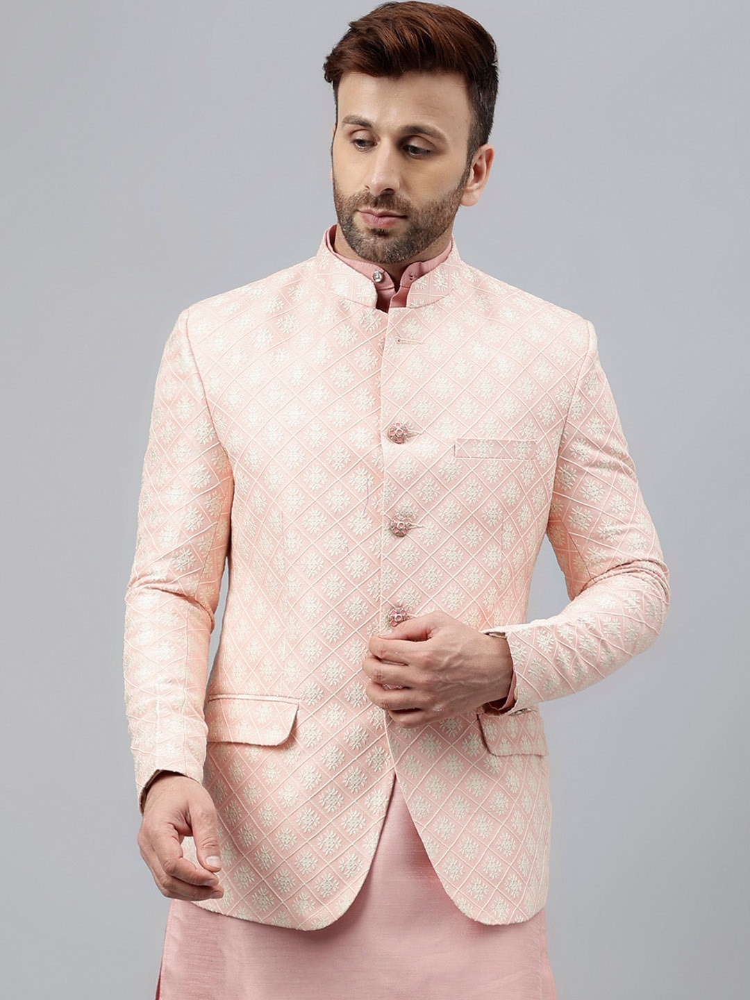 

Hangup Men Printed Bandhgala Ethnic Blazers, Pink