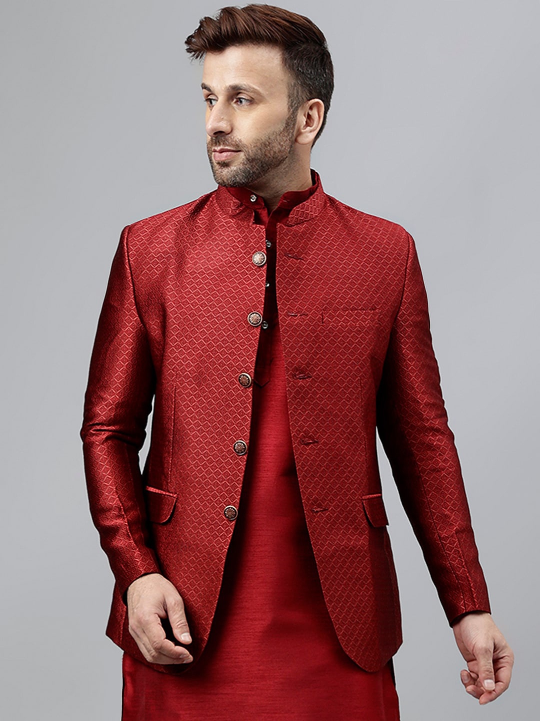 

Vgyaan Ethnic Embroidered Bandhgala Ethnic Blazers, Maroon