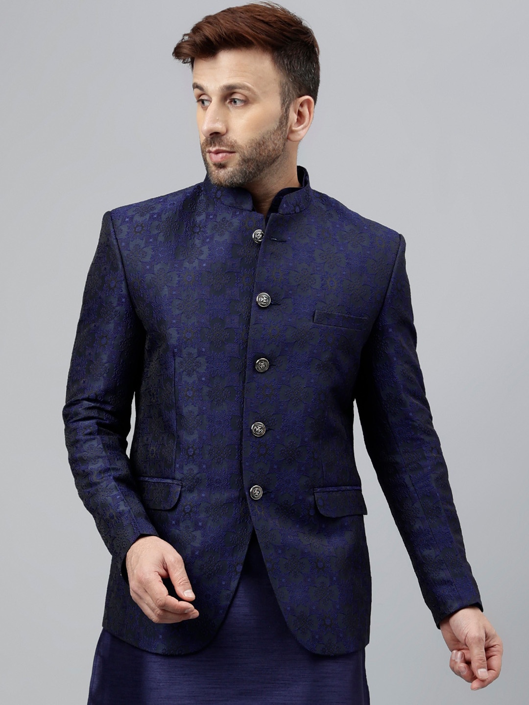 

Vgyaan Self-Design Bandhgala Blazer, Navy blue