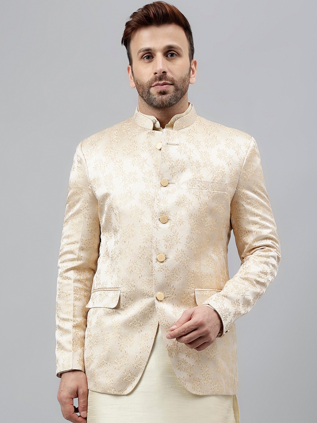 

Vgyaan Floral Woven Design Mandarin Collar Bandhgala Blazer, Cream