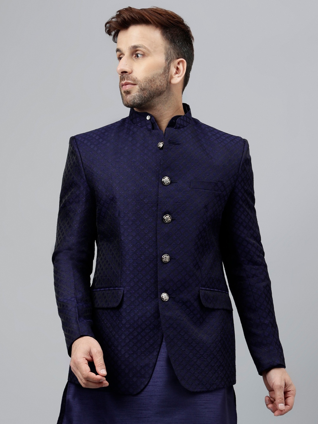 

Vgyaan Jacquard Bandhgala Blazers, Navy blue