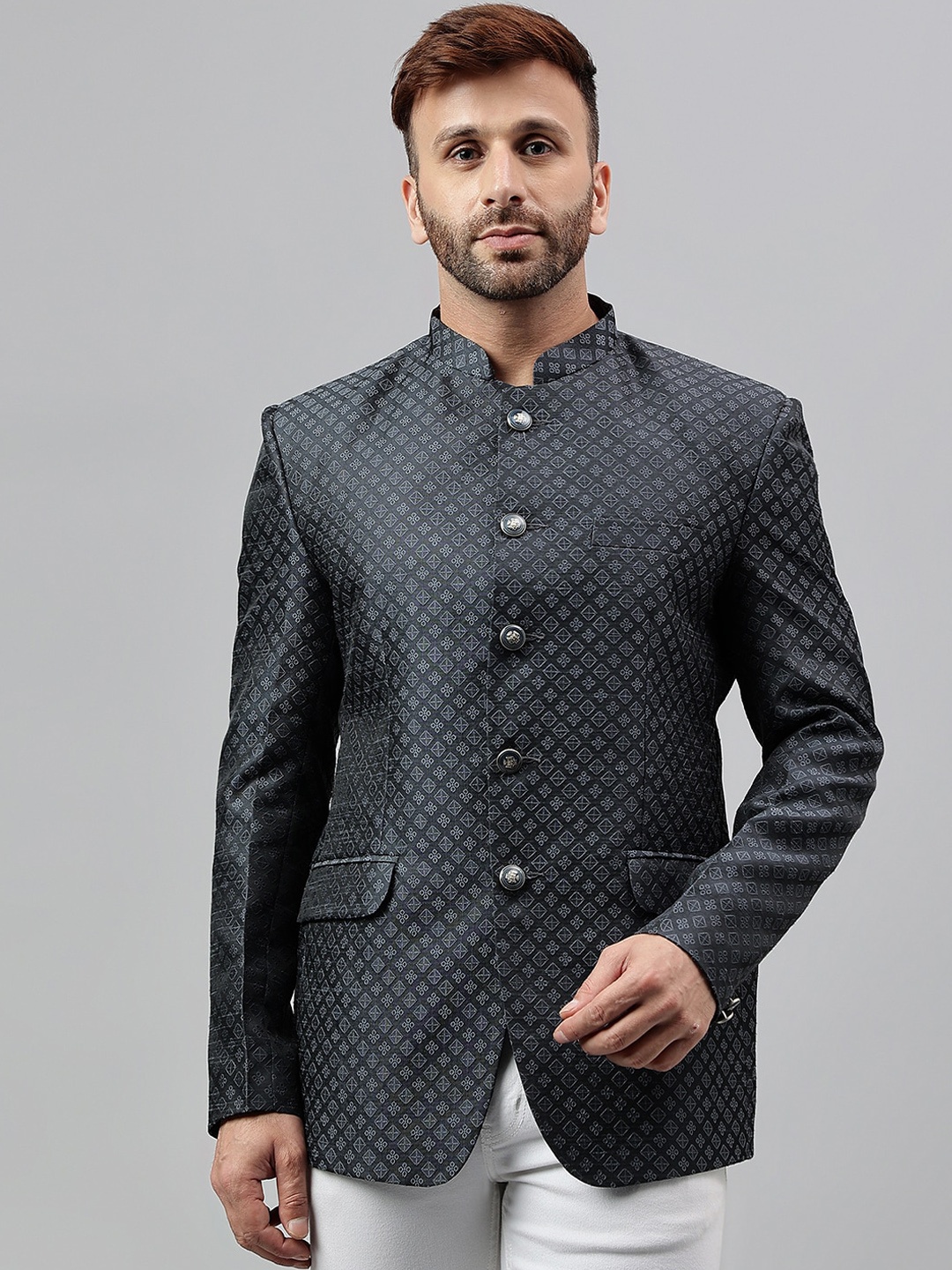 

Vgyaan Self Design Mandarin Collar Bandhgala Blazers, Black