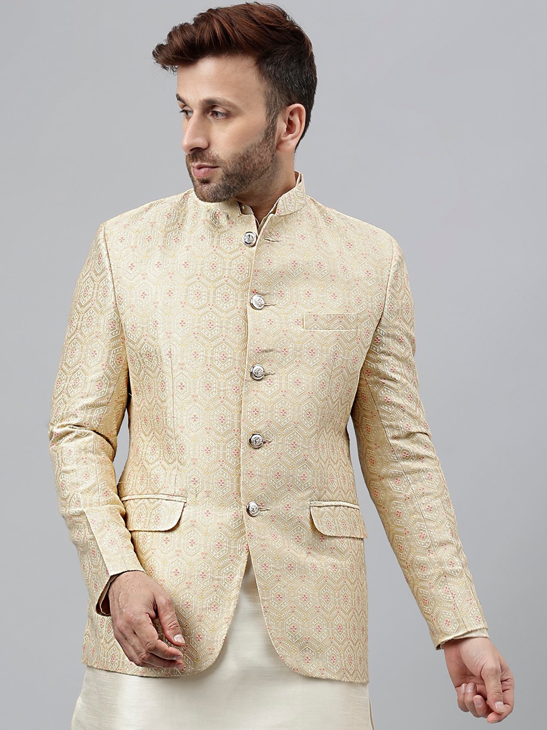 

Vgyaan Embellished Mandarin Collar Nehru Jackets, Cream