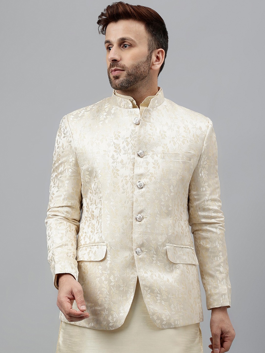 

Vgyaan Woven Design Jacquard Bandhgala Ethnic Blazer, Cream