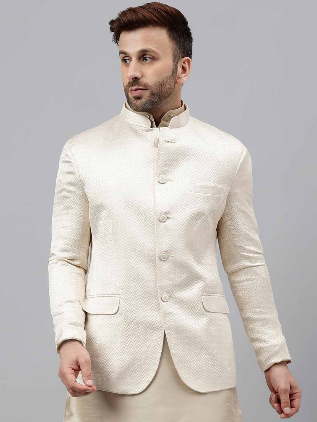 

Vgyaan Woven Design Jacquard Bandhgala Blazer, Beige