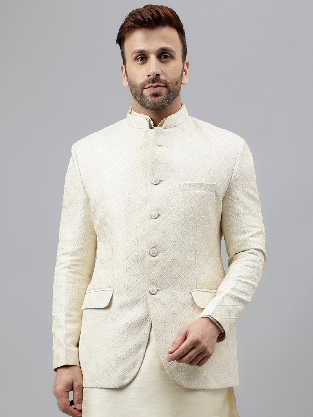 

Vgyaan Woven Design Jacquard Bandhgala Blazer, Cream